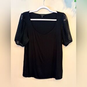 RW & CO. Viscose V-Neck Top w/ Dots on a Tulle Sleeve